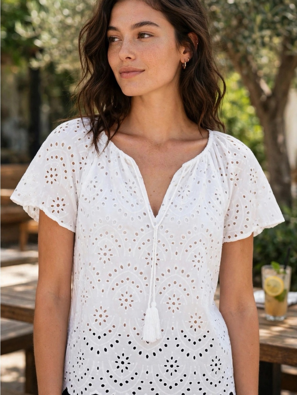 White Eyelet Tassel Peasant Blouse